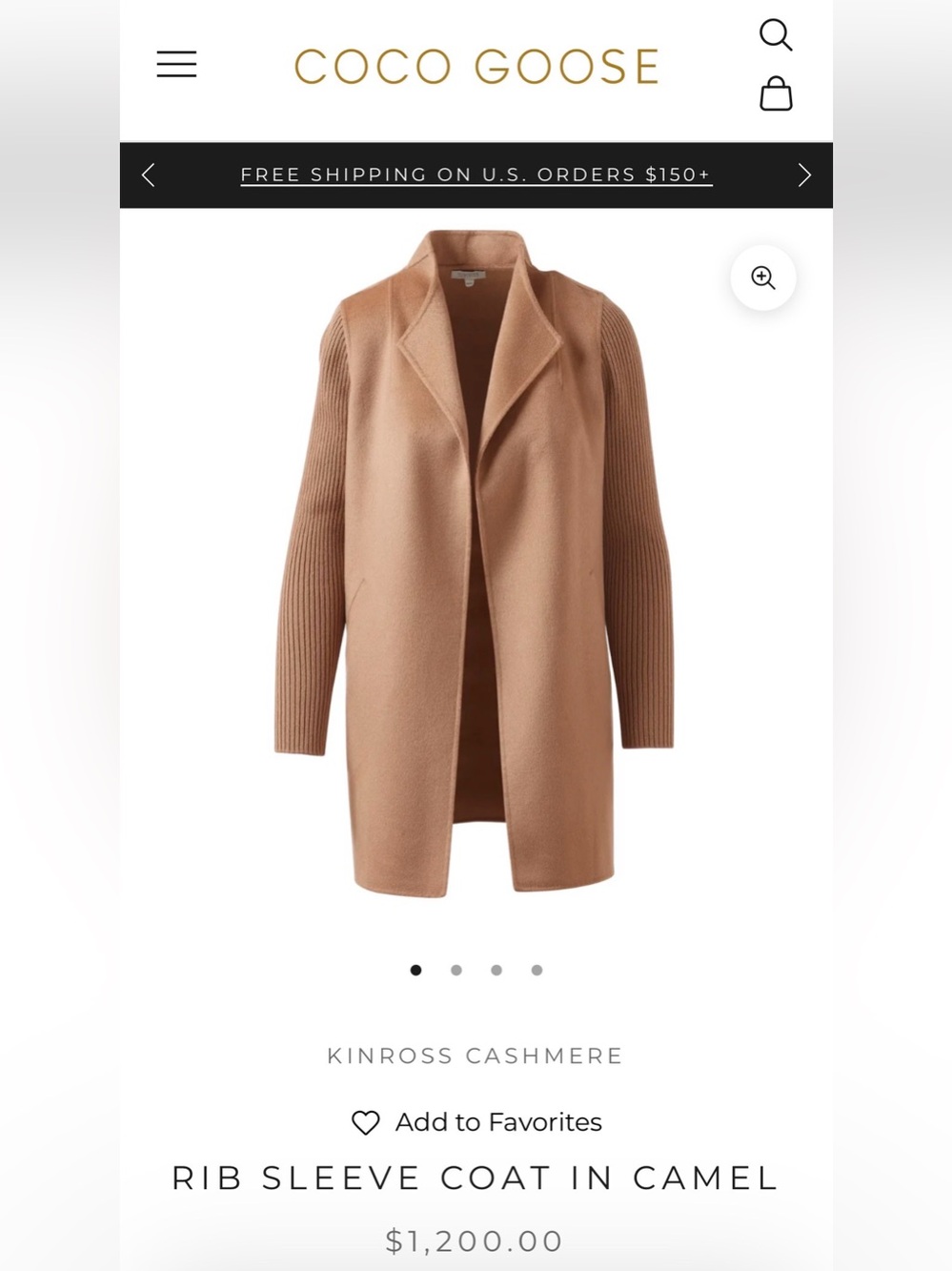 NWOT Kinross Cashmere $1200 wool cashmere blend coat in camel beige